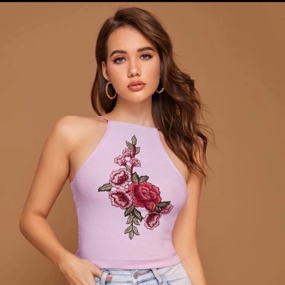 SHEIN Tops - Shein/Pink Floral Embroidered Halter Top
